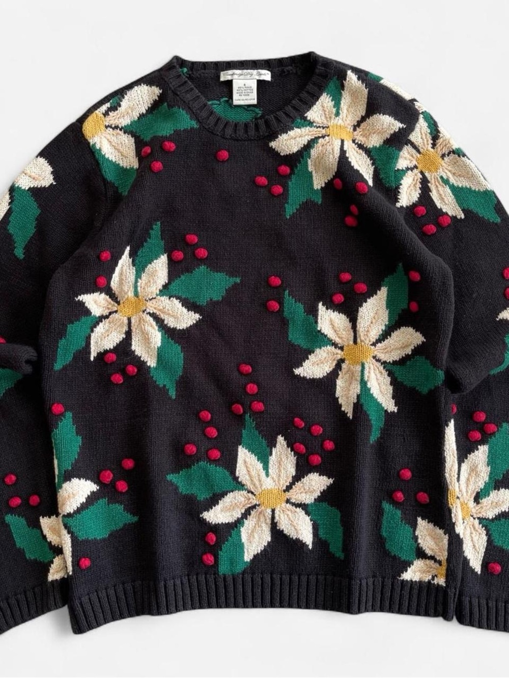 Vintage Cambridge Dry Goods Black Knit Christmas Sweater with White Poinsettias